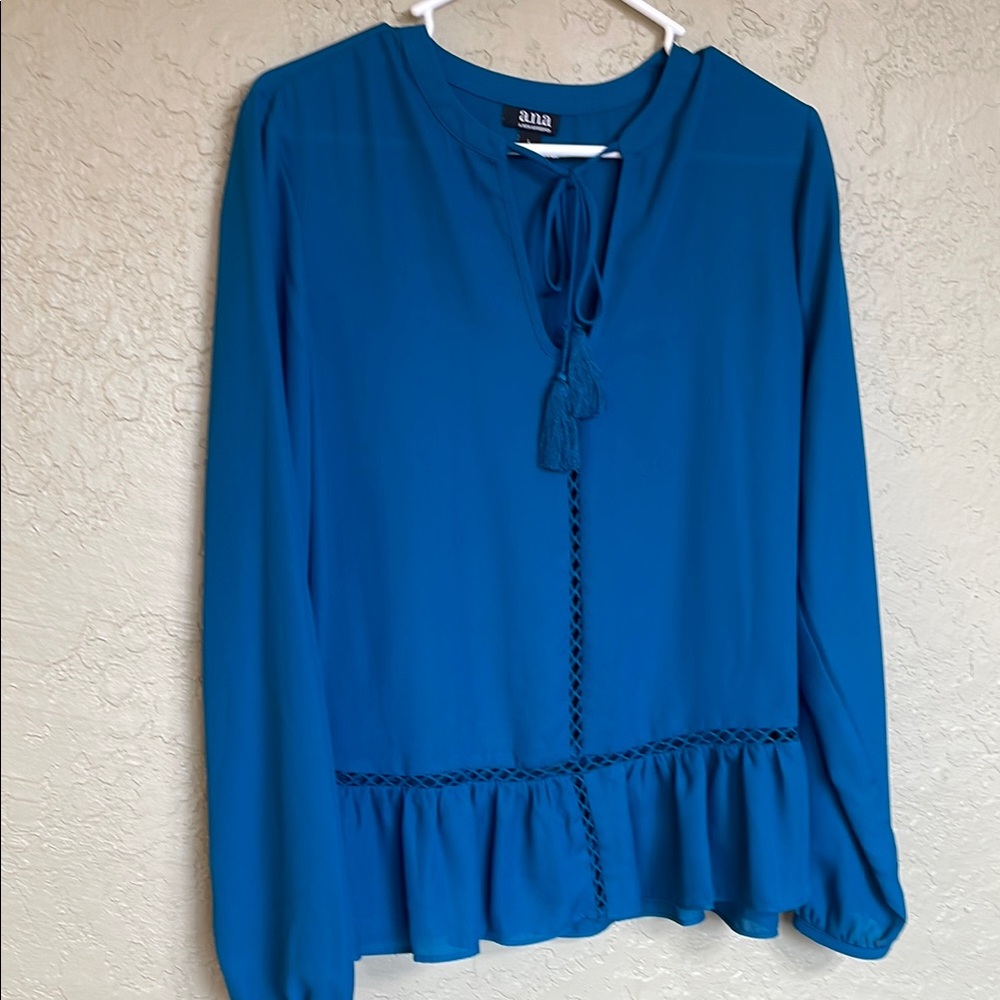 A.N.A Blue Long Sleeve Tie Front Peplum Blouse